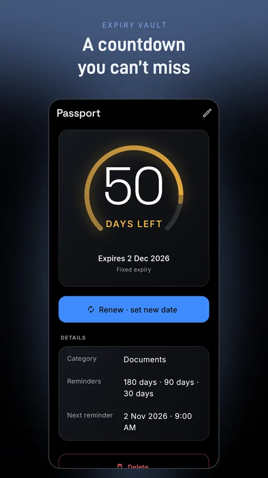 Passport detail with a 50 days left countdown ring and renew button
