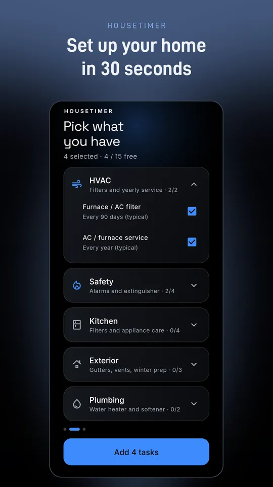 Setup screen picking ready-made task packs such as HVAC and Safety