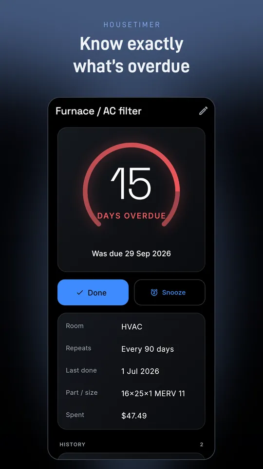 Furnace filter detail showing 15 days overdue