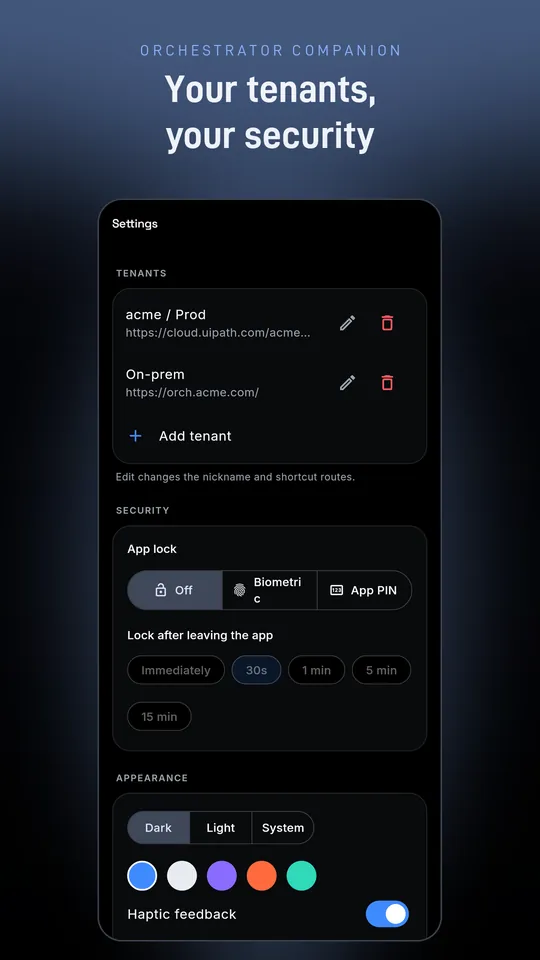 Settings with saved tenants, app lock and auto-lock timer