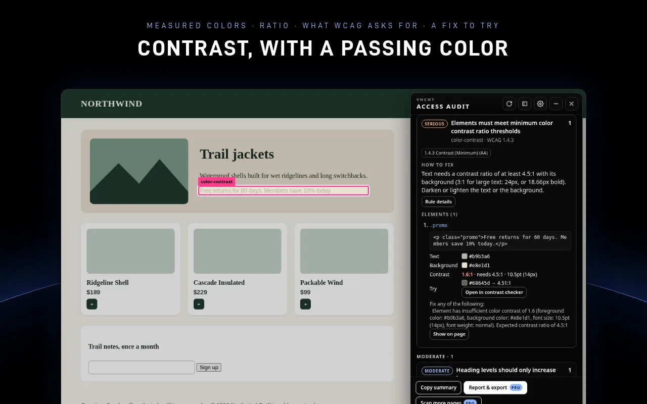 Access Audit contrast details for a low-contrast line of text: measured colours, ratio, the WCAG requirement and a passing colour to try