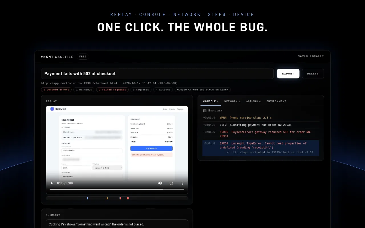 Casefile bug report with the video replay of a failed checkout, error markers on the timeline and the console panel