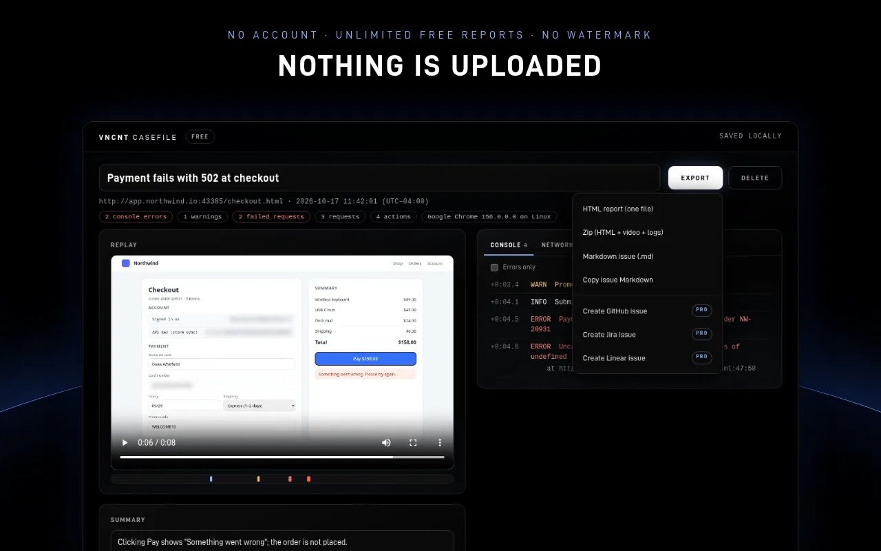 Casefile export menu with HTML report, zip and Markdown issue options; reports are saved locally with no account