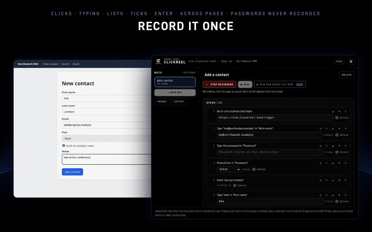 Clickreel recording a contact form on a demo CRM page, with the step list filling in
