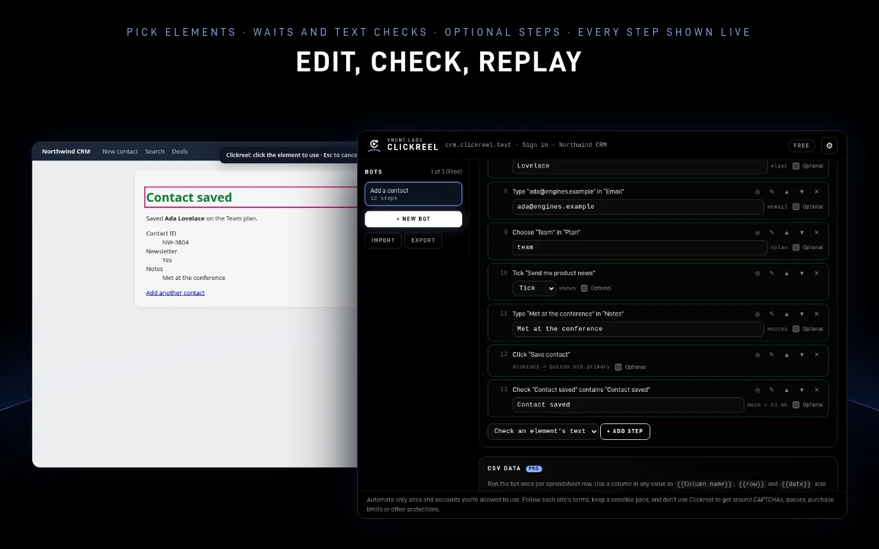 Clickreel step editor after a successful run, with a check-text step and the element picker