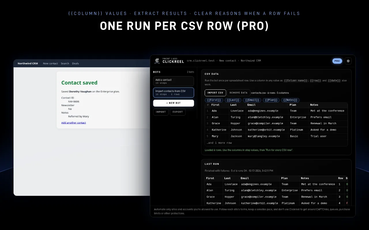 Clickreel Pro run once per CSV row, with column values in the steps and a results table