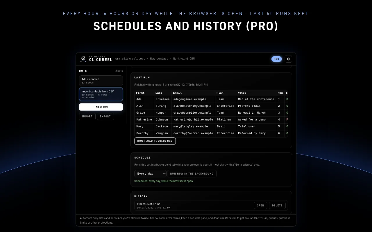 Clickreel Pro daily schedule and run history