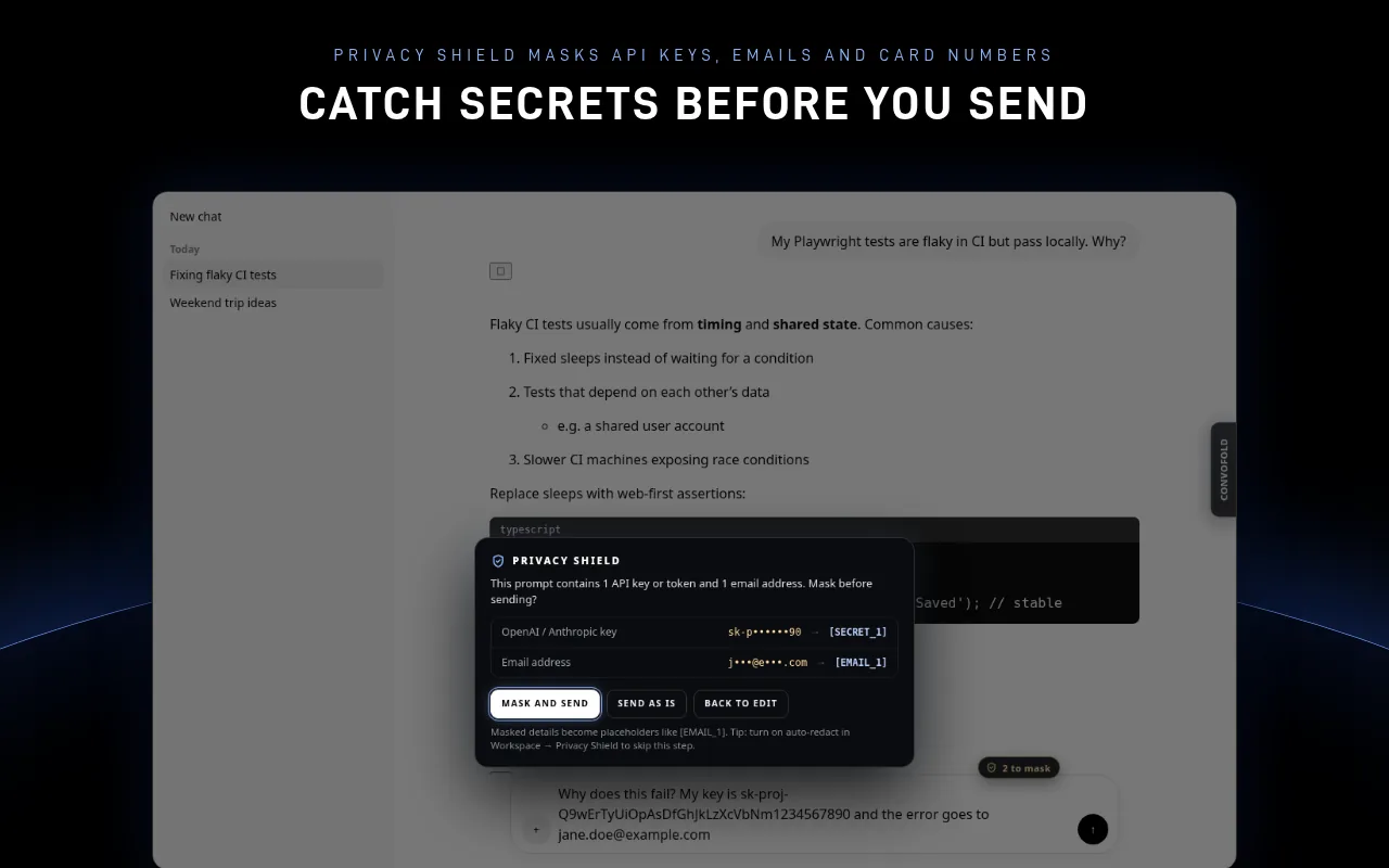 Convofold Privacy Shield dialog offering to mask an API key and an email address before sending