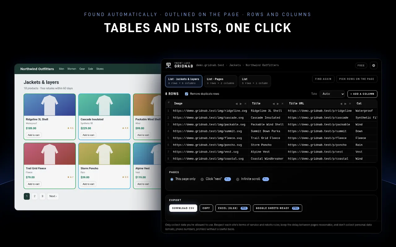 Gridnab detecting a product list on a demo store page and showing it as rows and columns