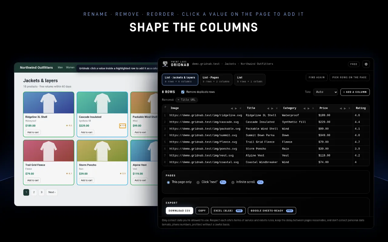 Gridnab column editor with renamed and removed columns and a value added from the page