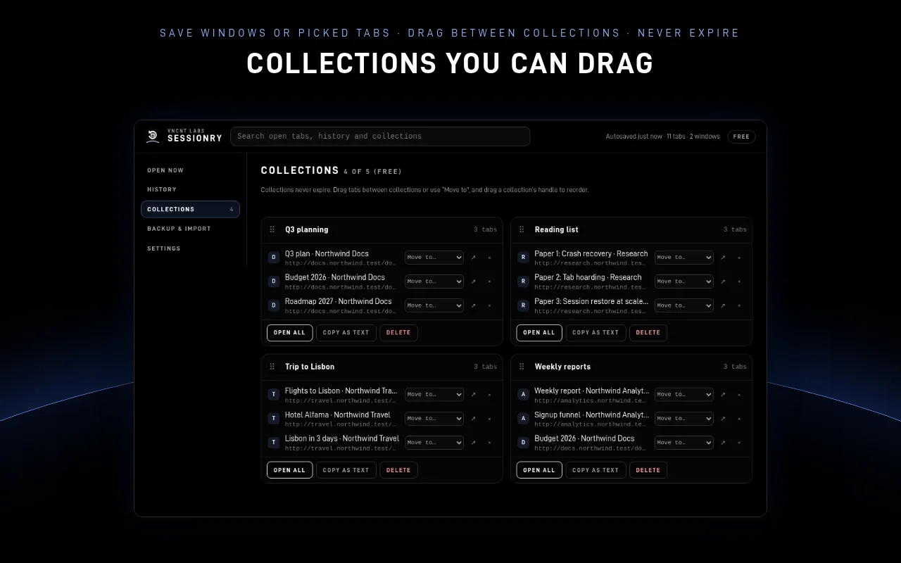 Sessionry collections of saved tabs that can be dragged between collections