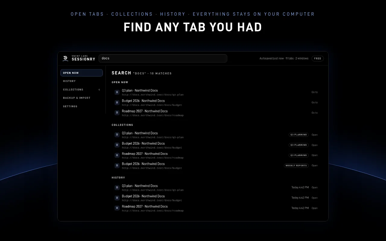 Sessionry search across open tabs, collections and history