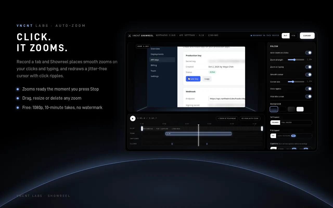 Showreel editor with automatic zooms placed on the timeline over a recorded settings page