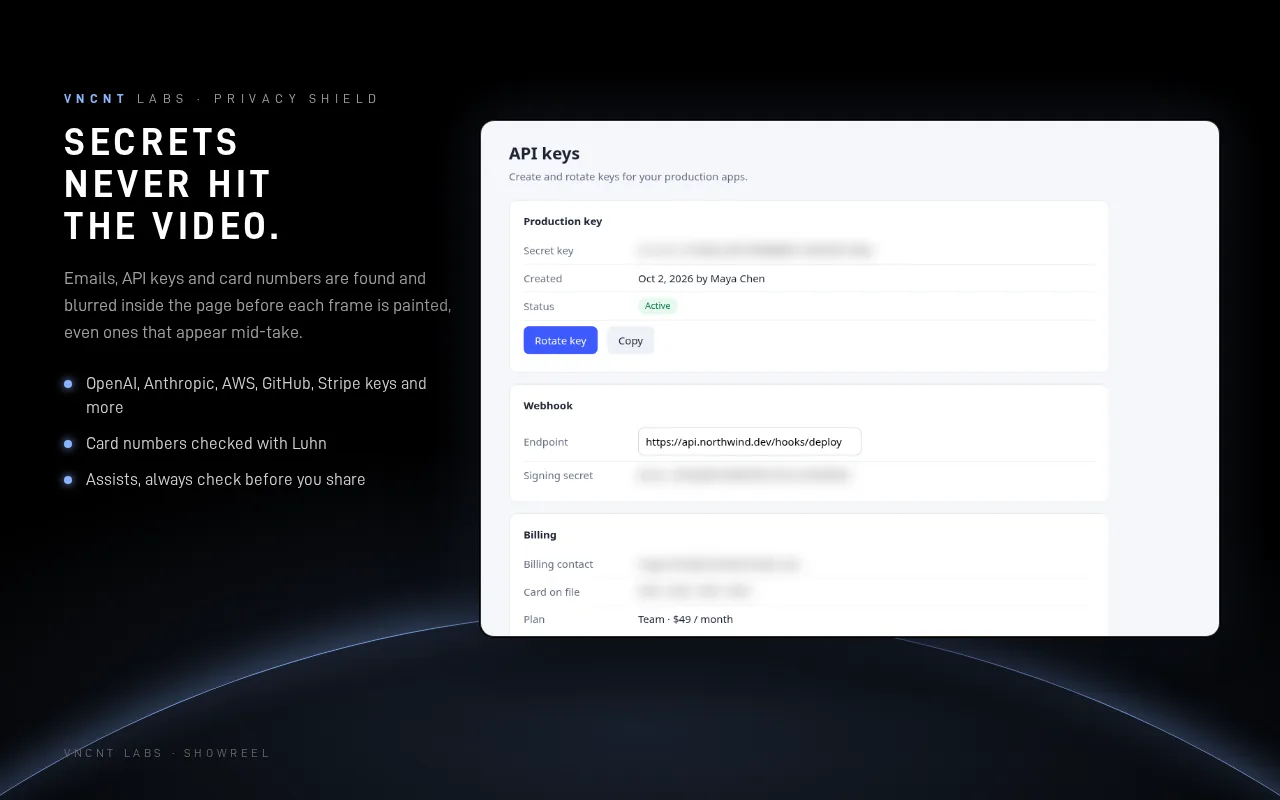 Settings page recorded by Showreel with API keys and billing details blurred by the Privacy Shield