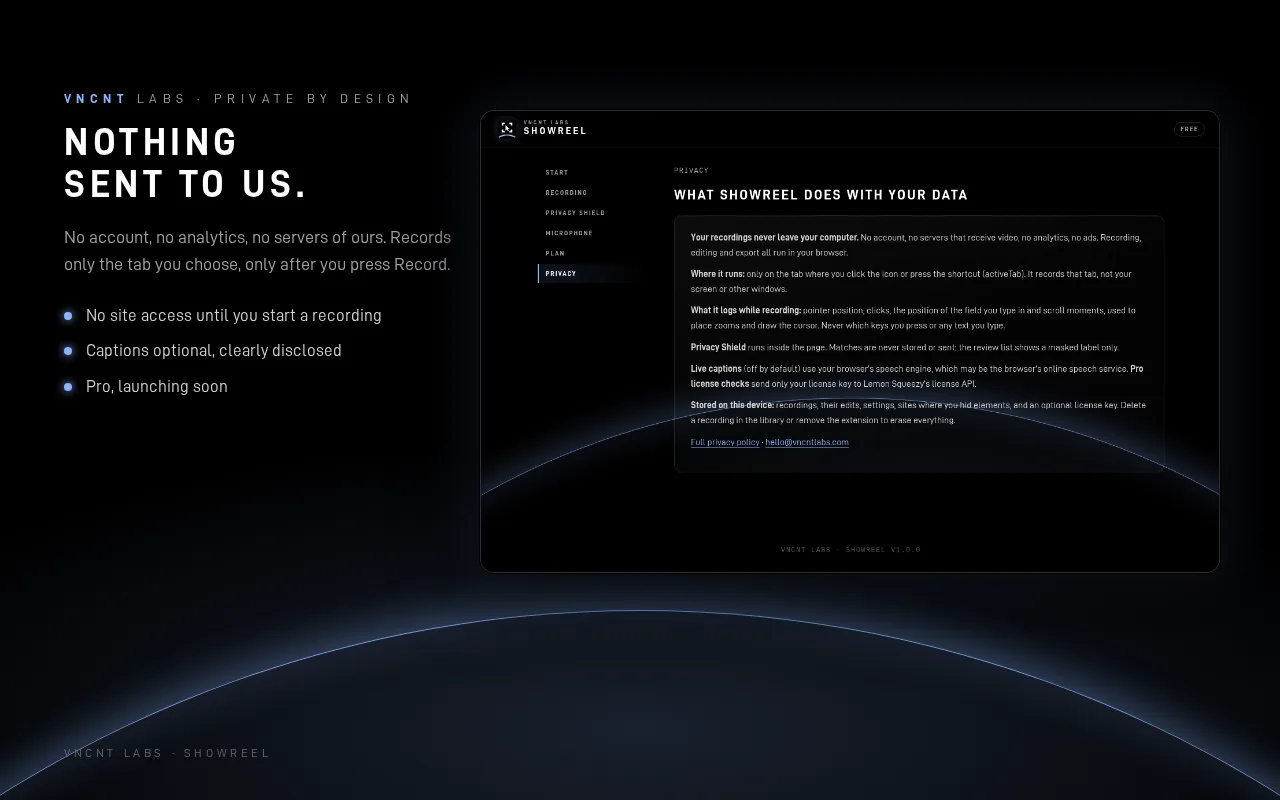 Showreel privacy page explaining that recordings stay on the device and captions are optional