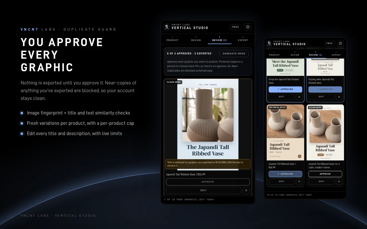 Vertical Studio review grid where each graphic is approved one by one, with a duplicate warning