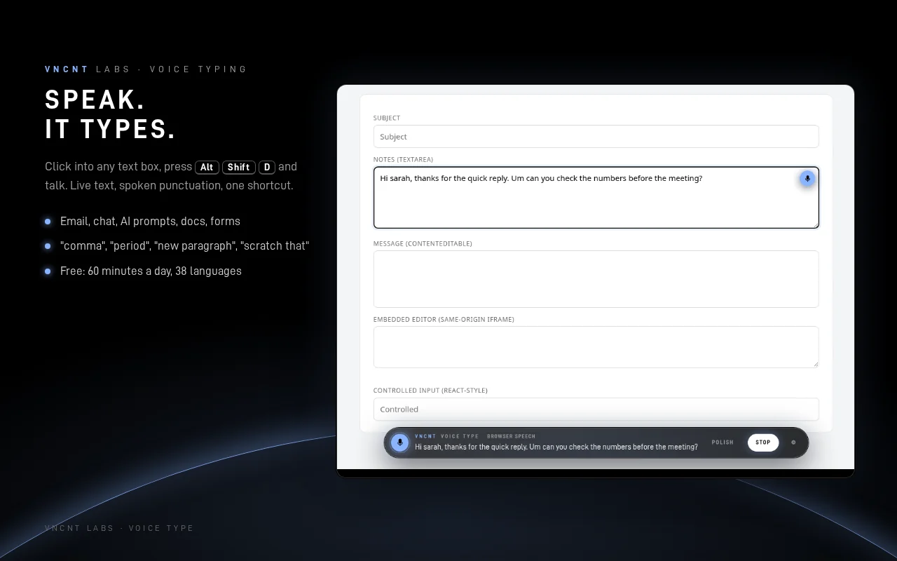 Voice Type dictating into a web form: the live transcript shows in the blue bar at the bottom while the words are typed into the selected field