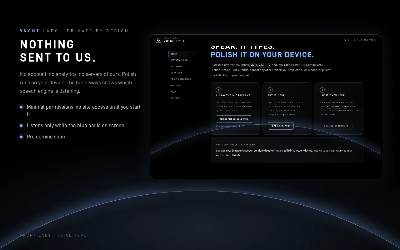 Voice Type welcome page explaining the microphone permission and which speech engine is in use: no account, no analytics, nothing sent to VNCNT Labs